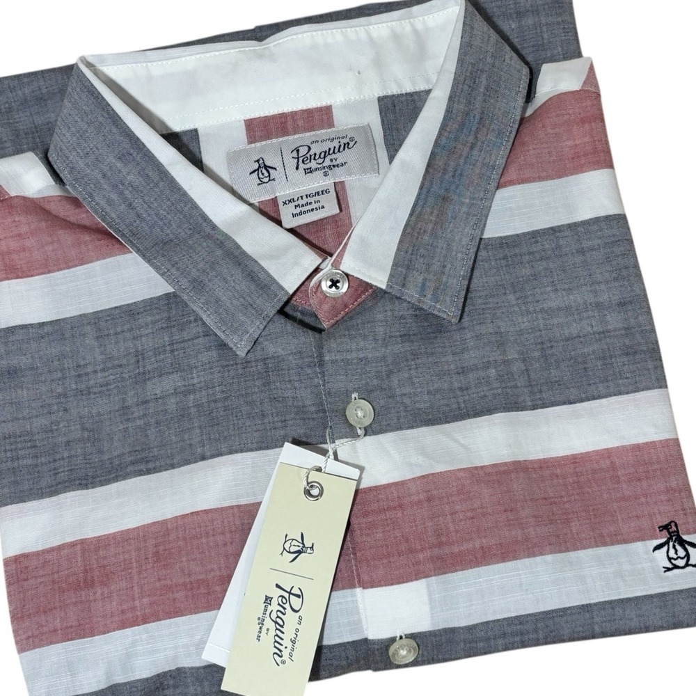 Original‎ Penguin Munsingwear Shirt Button Up Mens Sz XXL Striped Red Gray Logo
